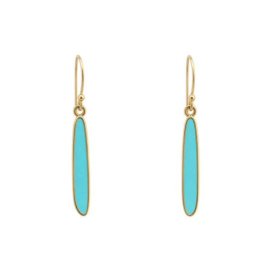 Pair of elongated turquoise drop earrings in polished 14k gold bezel settings