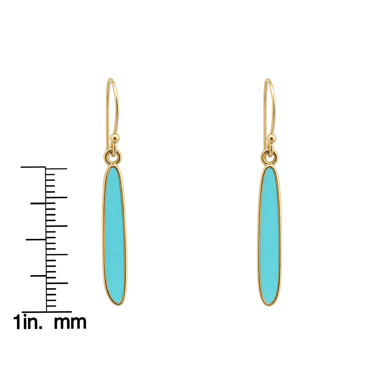 Turquoise drop earring shown next to a ruler for size reference