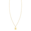 Gold tag necklace engraved with the phrase My World on a fine chain