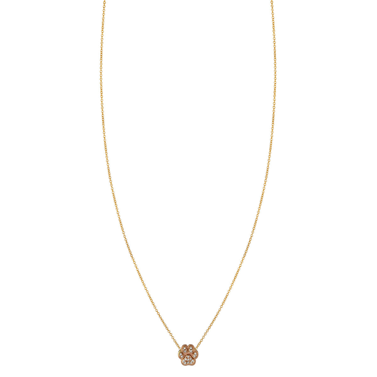 14k gold diamond dog paw print necklace with pavé-set white diamonds, petite 6mm pendant, handcrafted in NYC