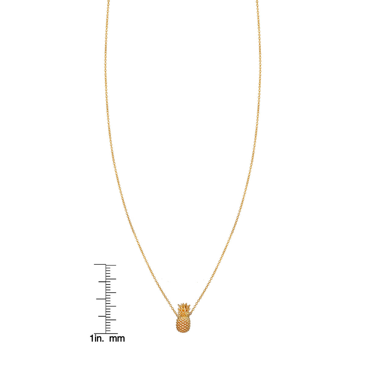 14k gold pineapple necklace (PRN373-PI) with ruler, tropical-themed jewelry.