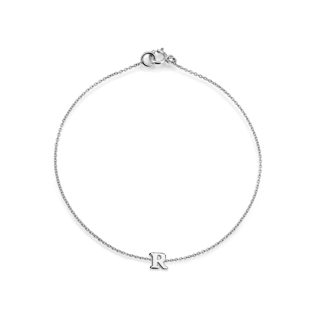 Sterling silver chain bracelet with a single initial 'R' charm.