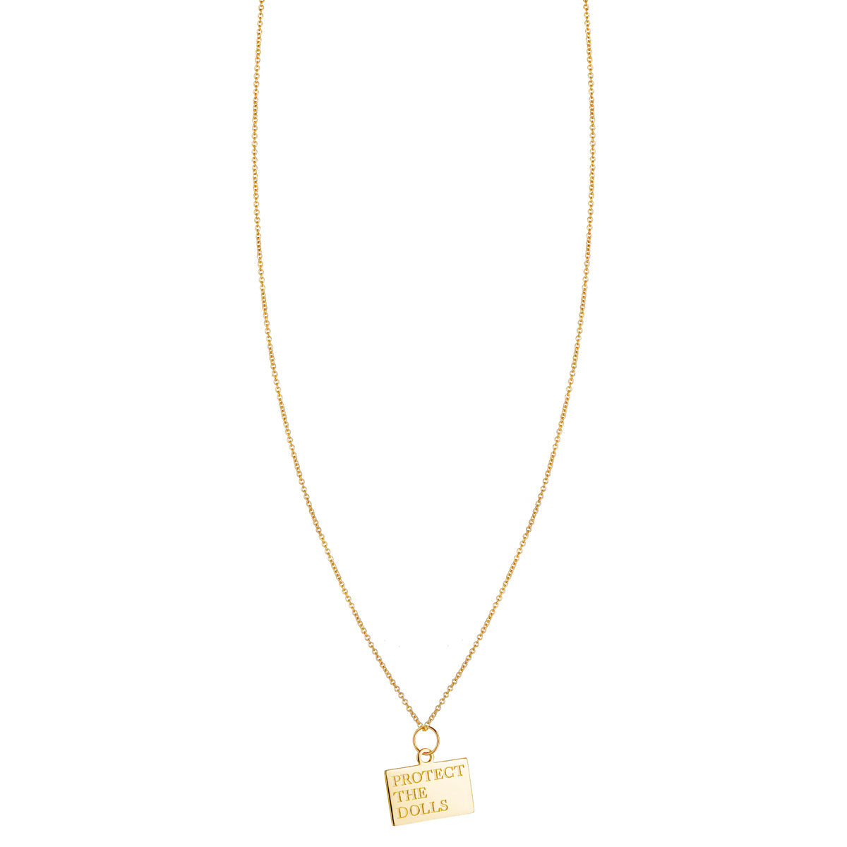 14k yellow gold Protect the Dolls engraved rectangular pendant necklace on white background