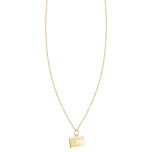 14k yellow gold Protect the Dolls engraved rectangular pendant necklace on white background
