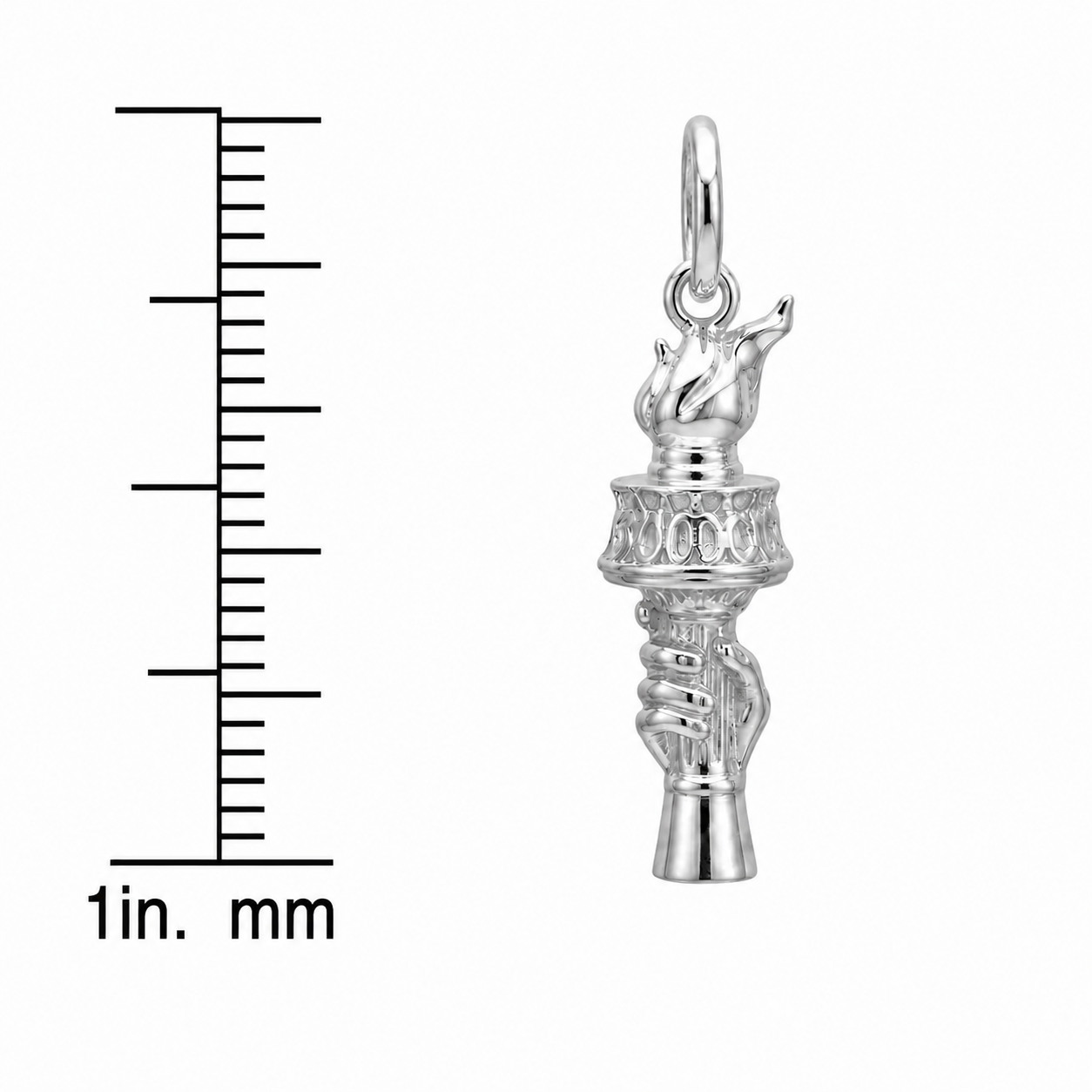 Silver hourglass-shaped charm with measurement scale on a white background