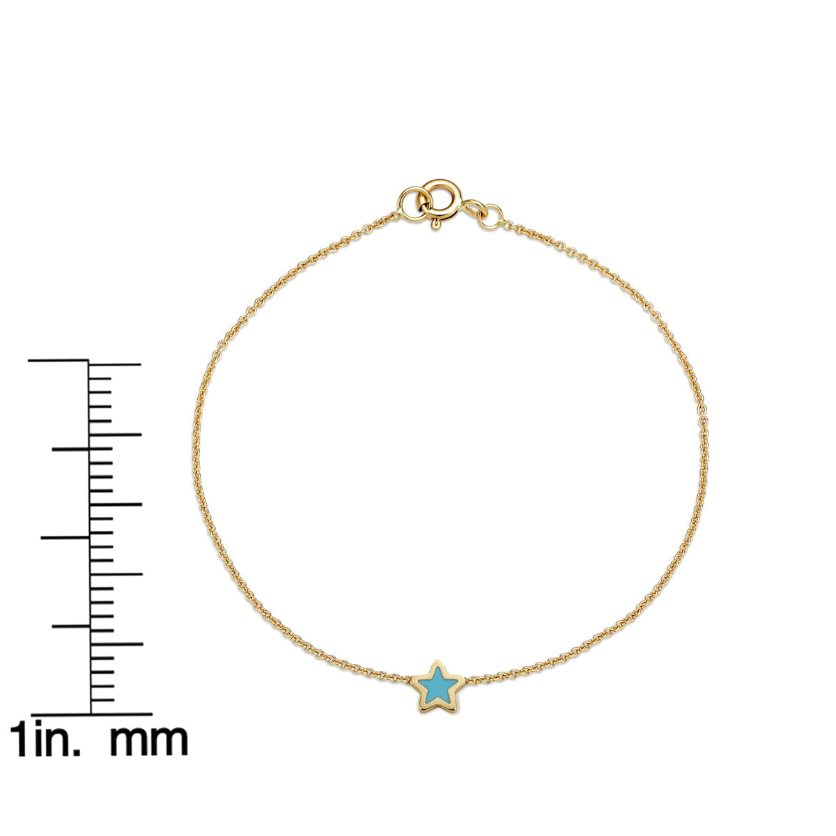 14k yellow gold turquoise star bracelet worn on model's wrist showing scale and fit