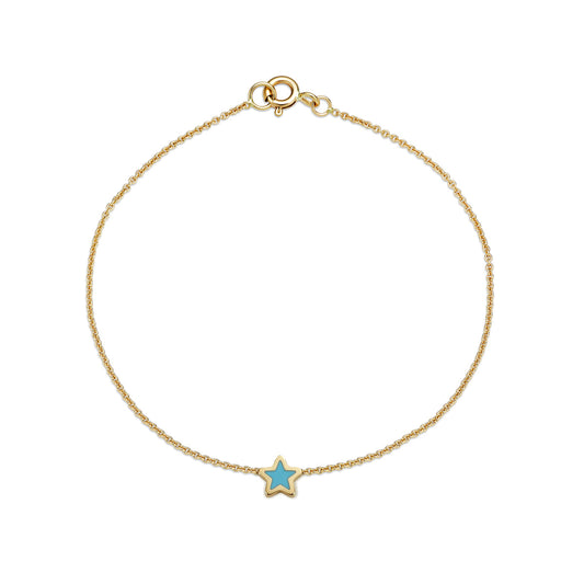 Handmade 14k yellow gold turquoise star bracelet with blue inlay on white background