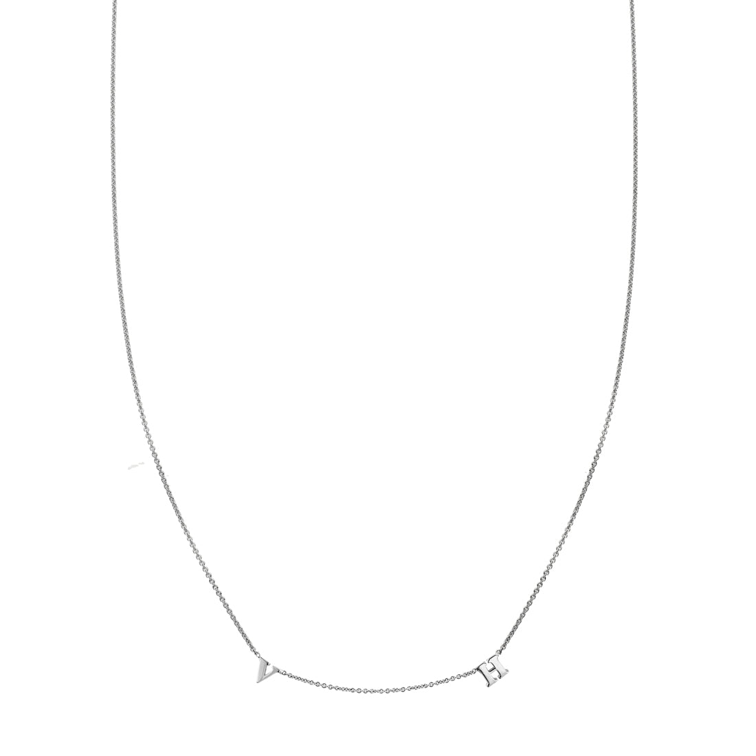 Custom two-letter sterling silver initial necklace with 'V' and 'H' charms.