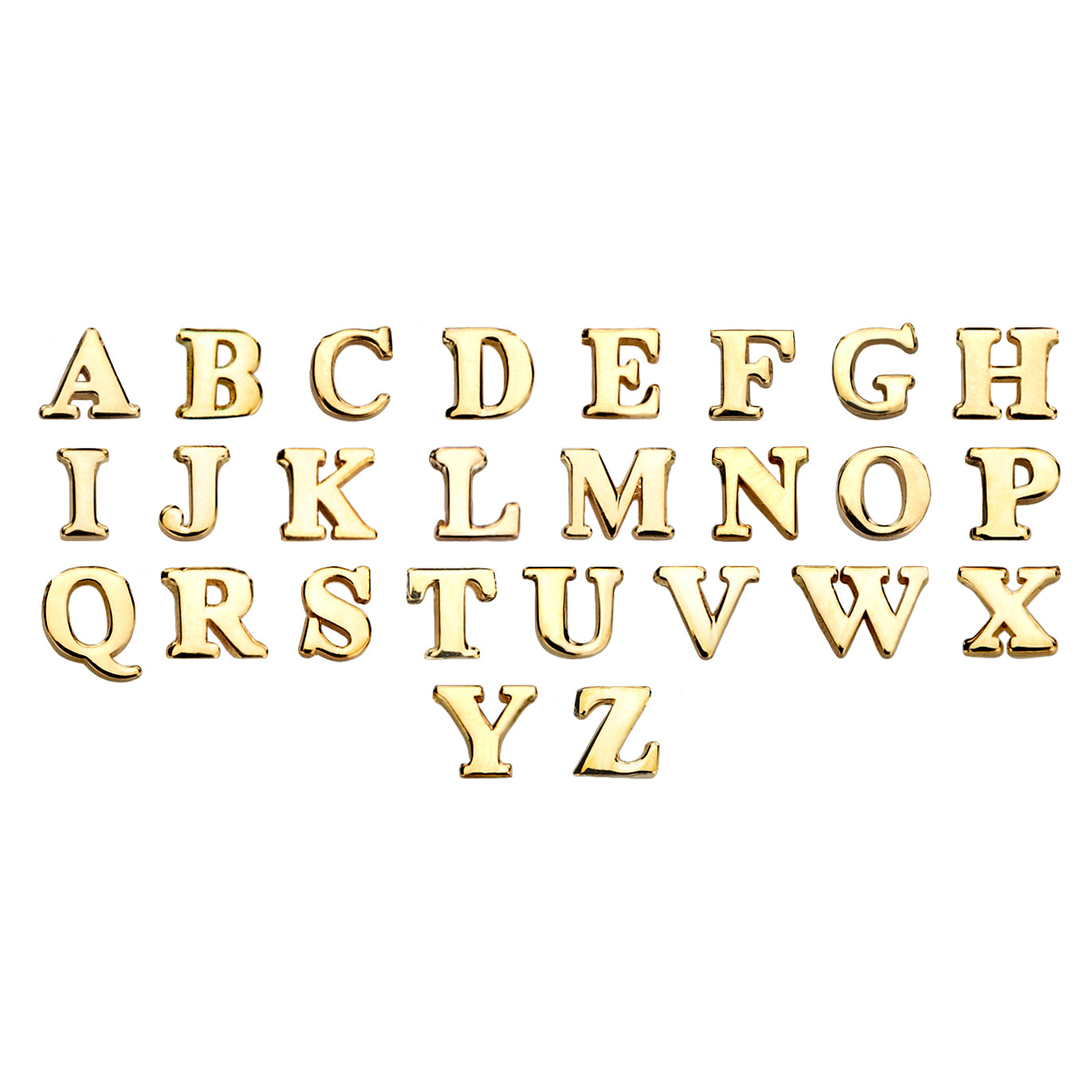 Phoenix Roze's 14k gold alphabet - 26 elegant initial letters arranged A to Z