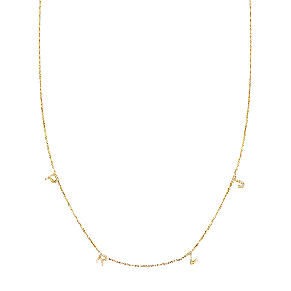 4-letter 14k gold diamond initial necklace with pave-set letters, customizable monogram, handmade in NYC