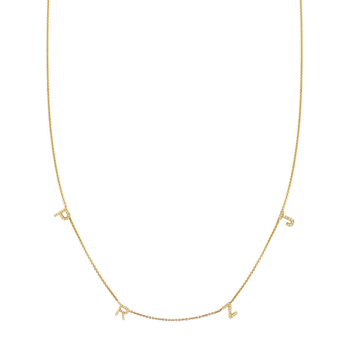 4-letter 14k gold diamond initial necklace with pave-set letters, customizable monogram, handmade in NYC