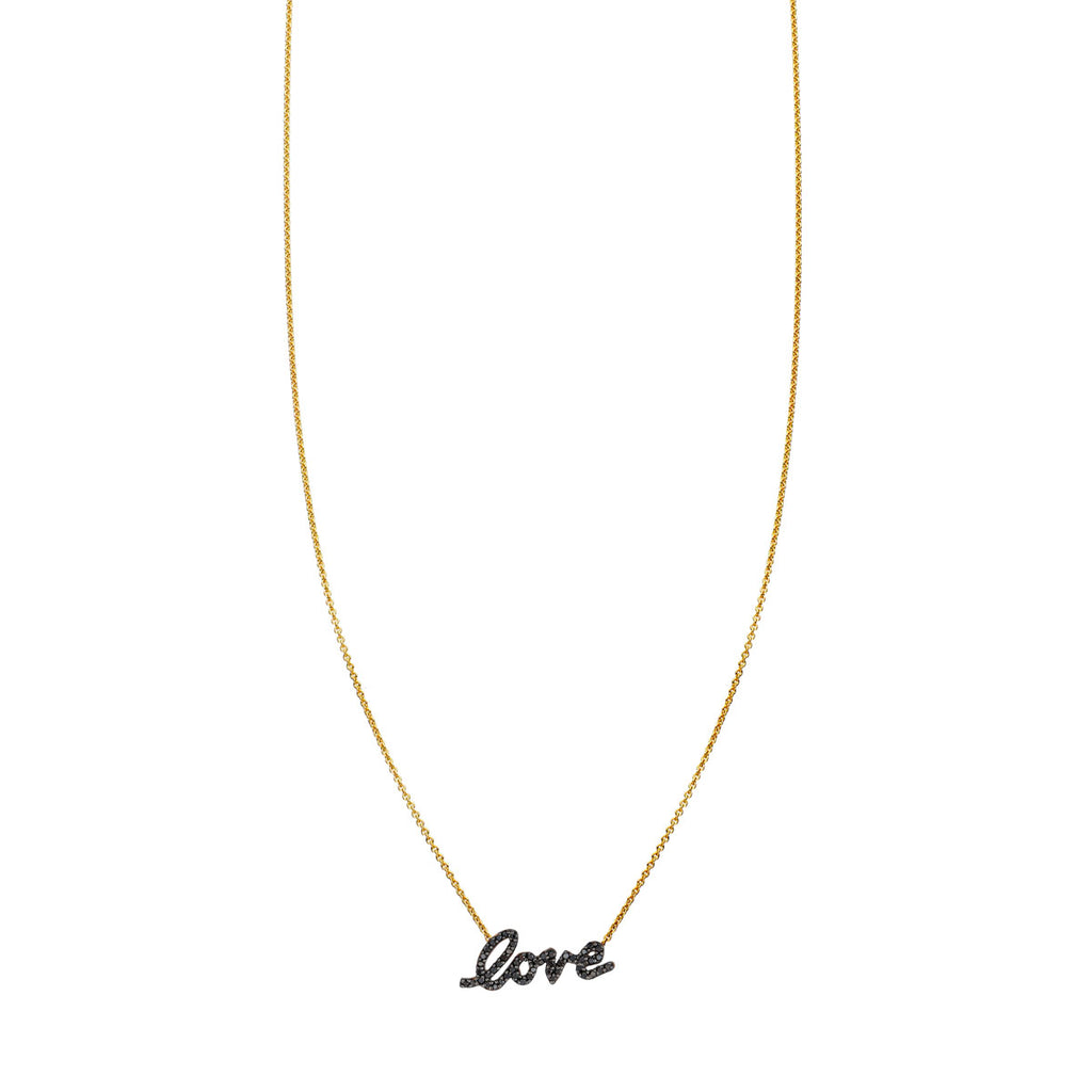 Phoenix Roze 14k gold cursive love necklace with black diamond script pendant