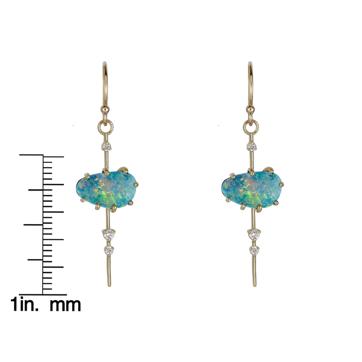 boulder opal diamond pendulum earrings scale measurement