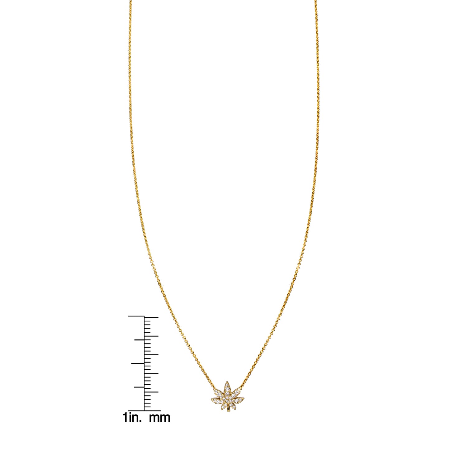 diamond gold pot leaf necklace with ruler