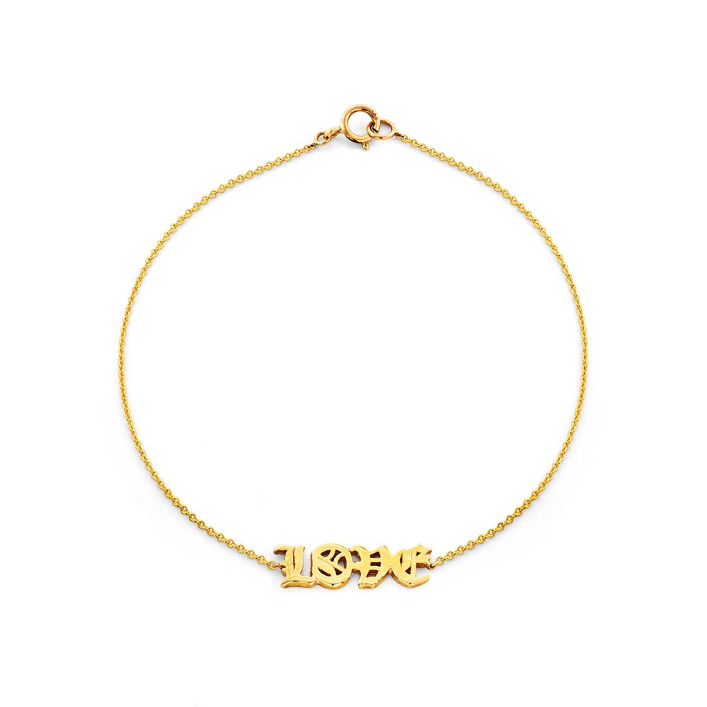14k gold Old English 'Love' bracelet, handcrafted in NYC with modern script, 6.75-inch chain