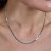 gold turquoise long bar links necklace on neck