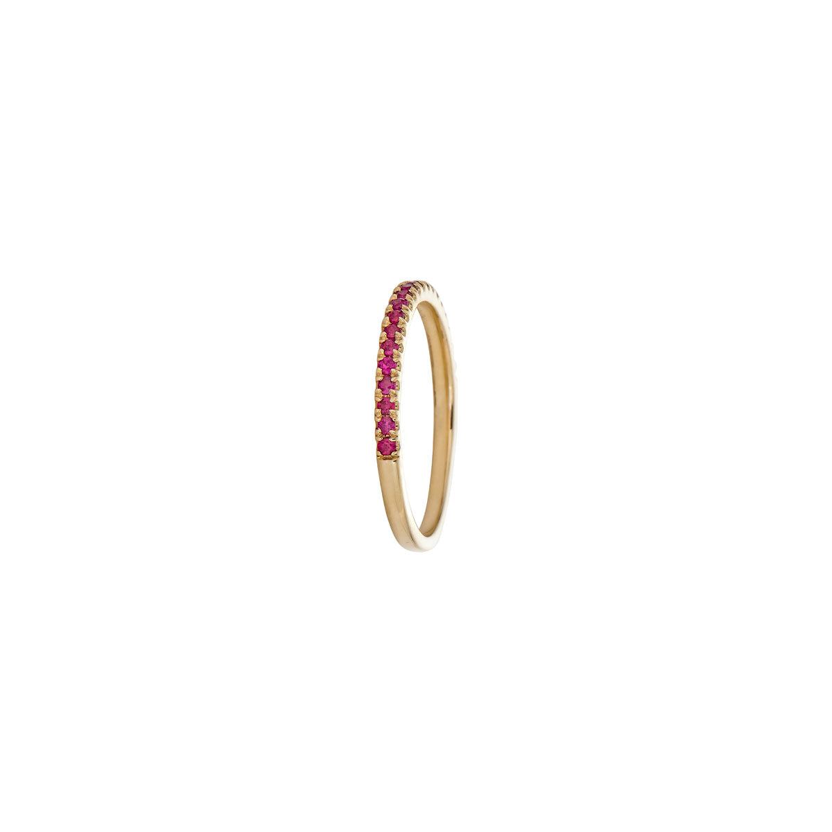 Phoenix Roze side view of half eternity ruby gold band ring in 14k yellow gold