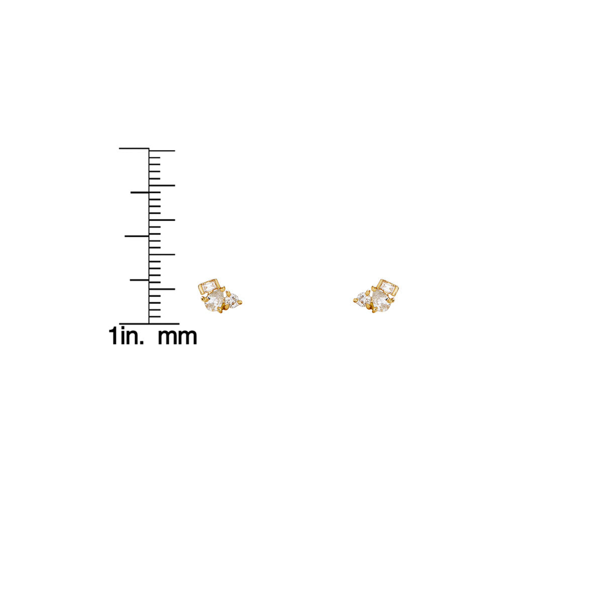 marquis baguette round diamond stud gold earrings with ruler_1