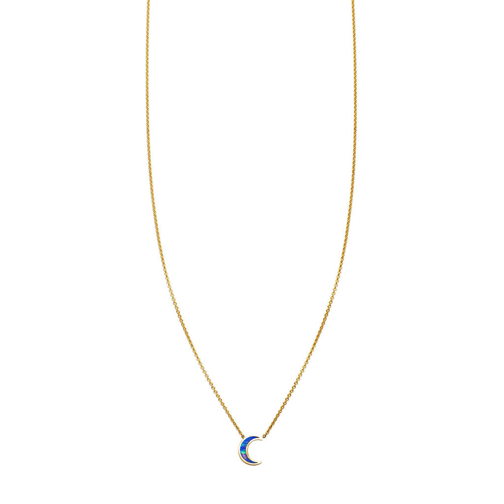 Solid 14k gold opal-inlaid moon necklace, 8mm crescent pendant on delicate chain in yellow, white or rose gold