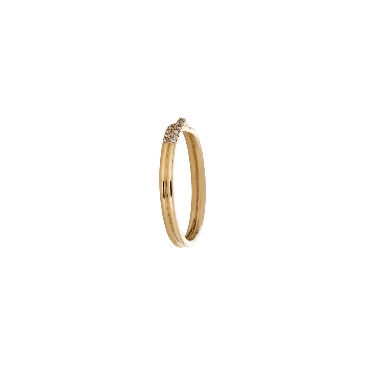 pave diamond crossover gold ring side view