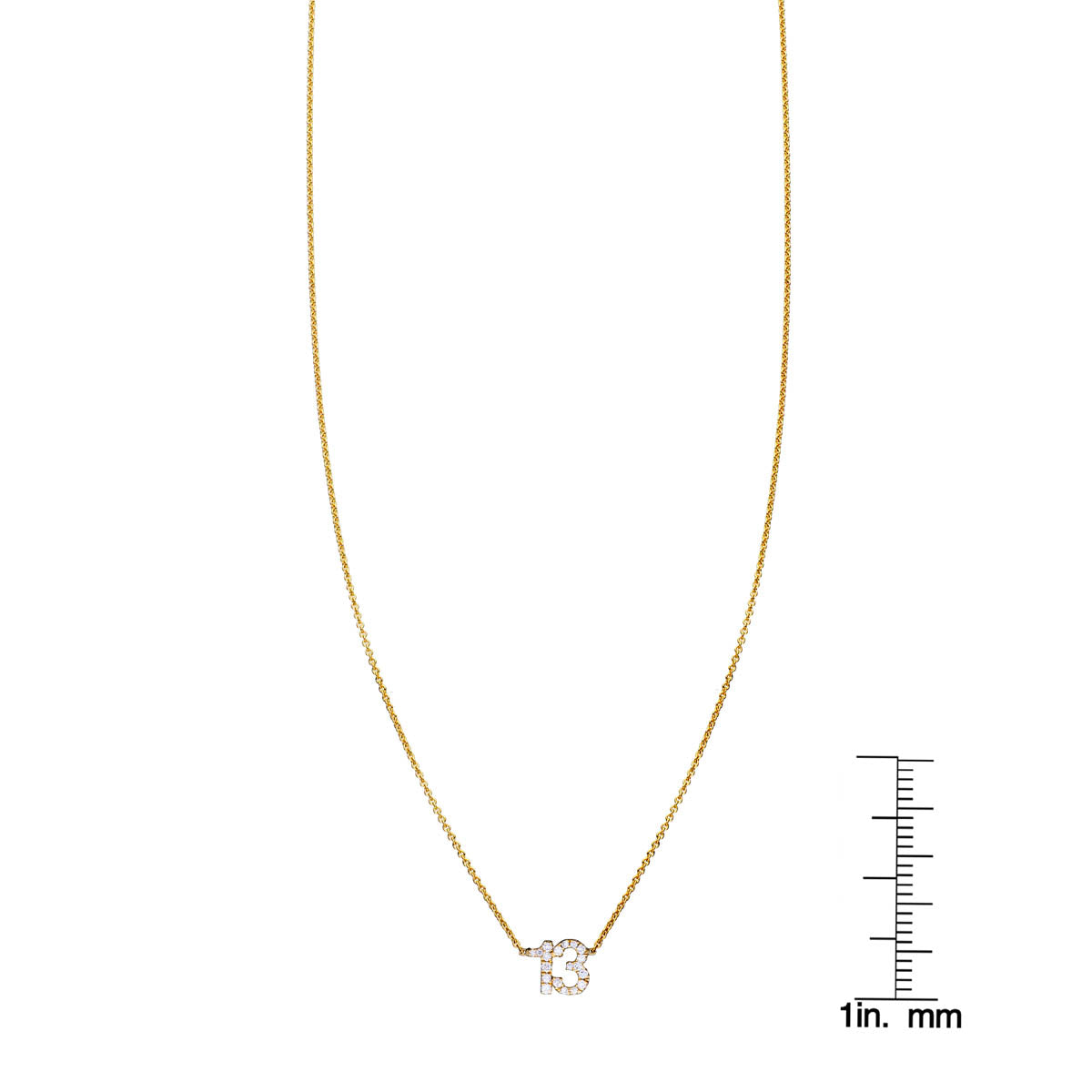 white diamond number 13 necklace with ruler