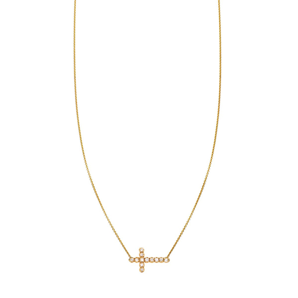 White Diamond Sideways Cross Necklace 14k Gold Elegance