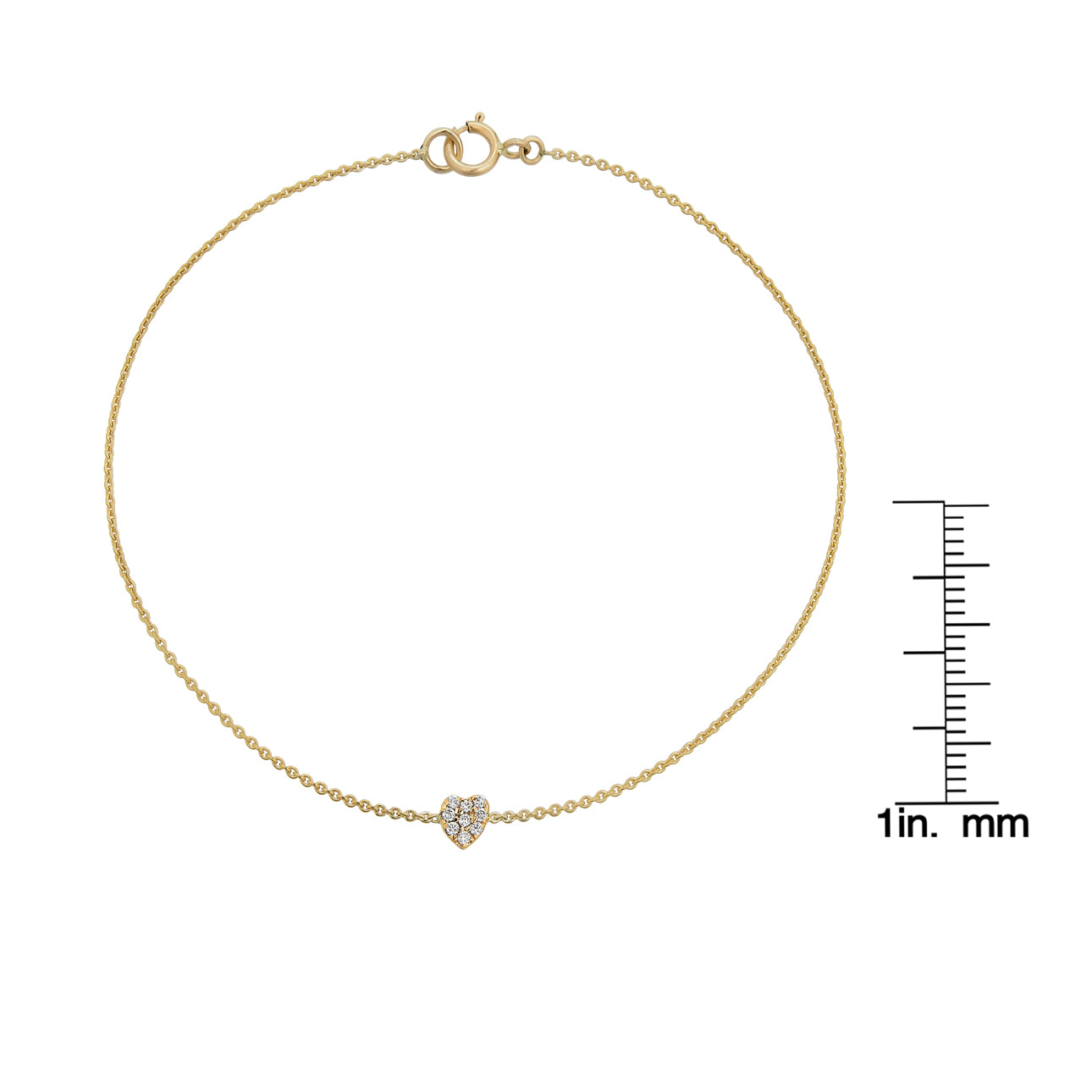 White diamond tiny heart bracelet with ruler - delicate jewelry size reference